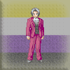a gif of an overworld sprite of miles edgeworth (ace attorney) spinning around, with the nonbinary flag in the background.